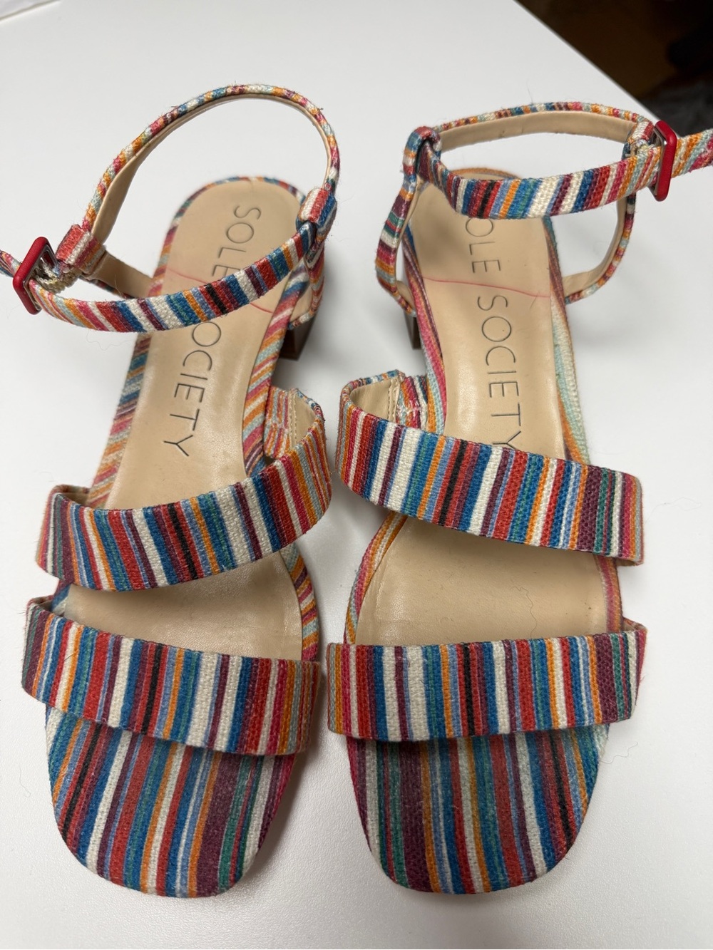Sole Society Multicolor Striped Block-Heel Ankle-Strap Sandals
